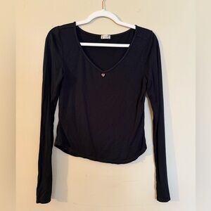 Free People Black Long Sleeve V-Neck Top